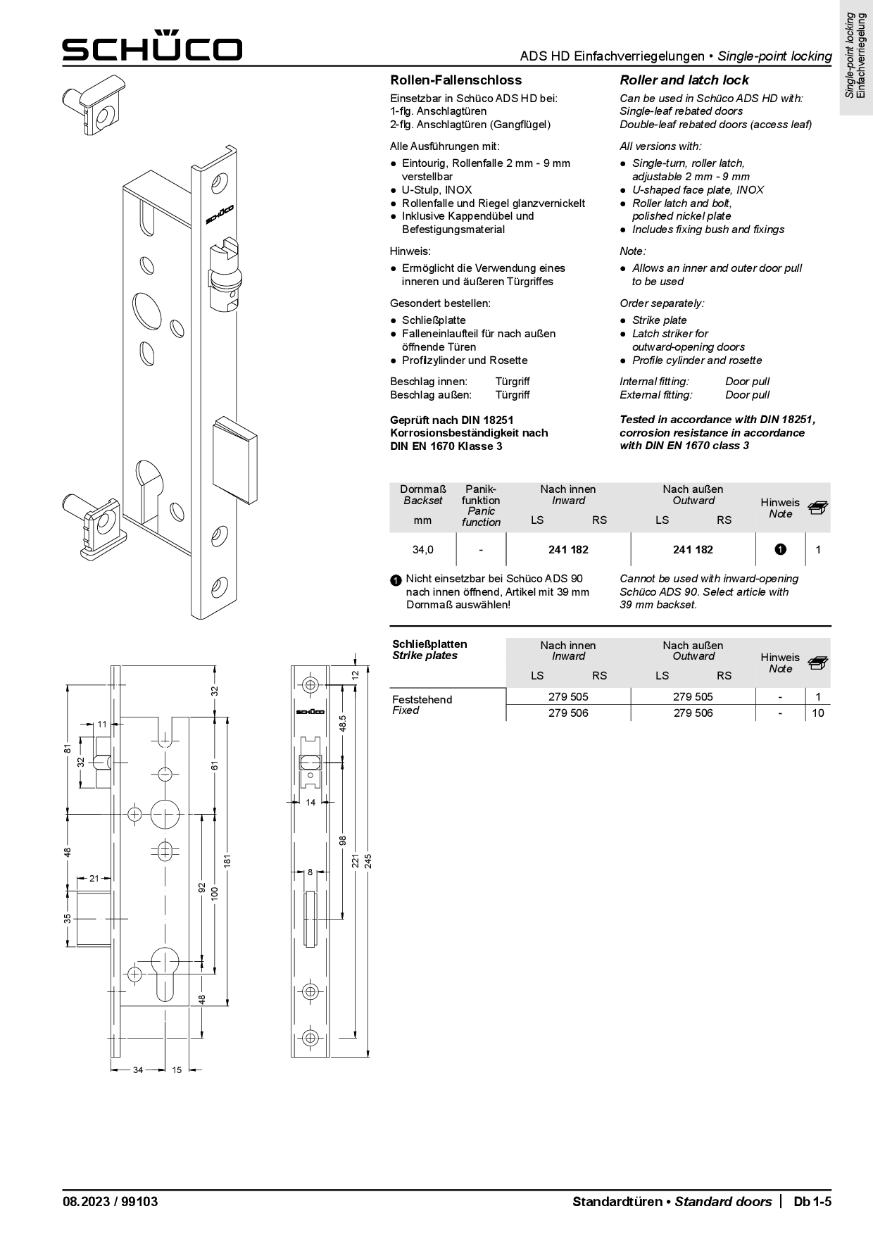 Schüco 241182 Rollen-Fallenschloss