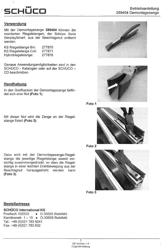 Schüco Riegelstangen-Demontagezange, 289454