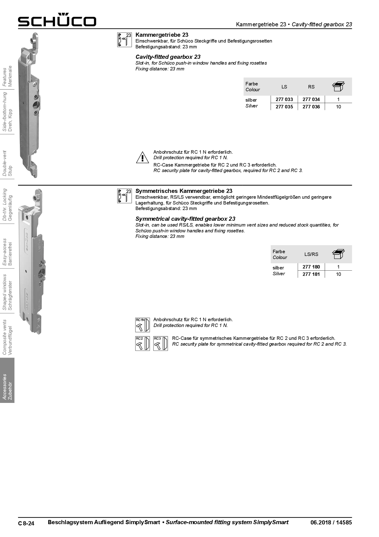 Schüco Kammergetriebe, asymmetrisch 23 mm DIN rechts 277034 / 277036
