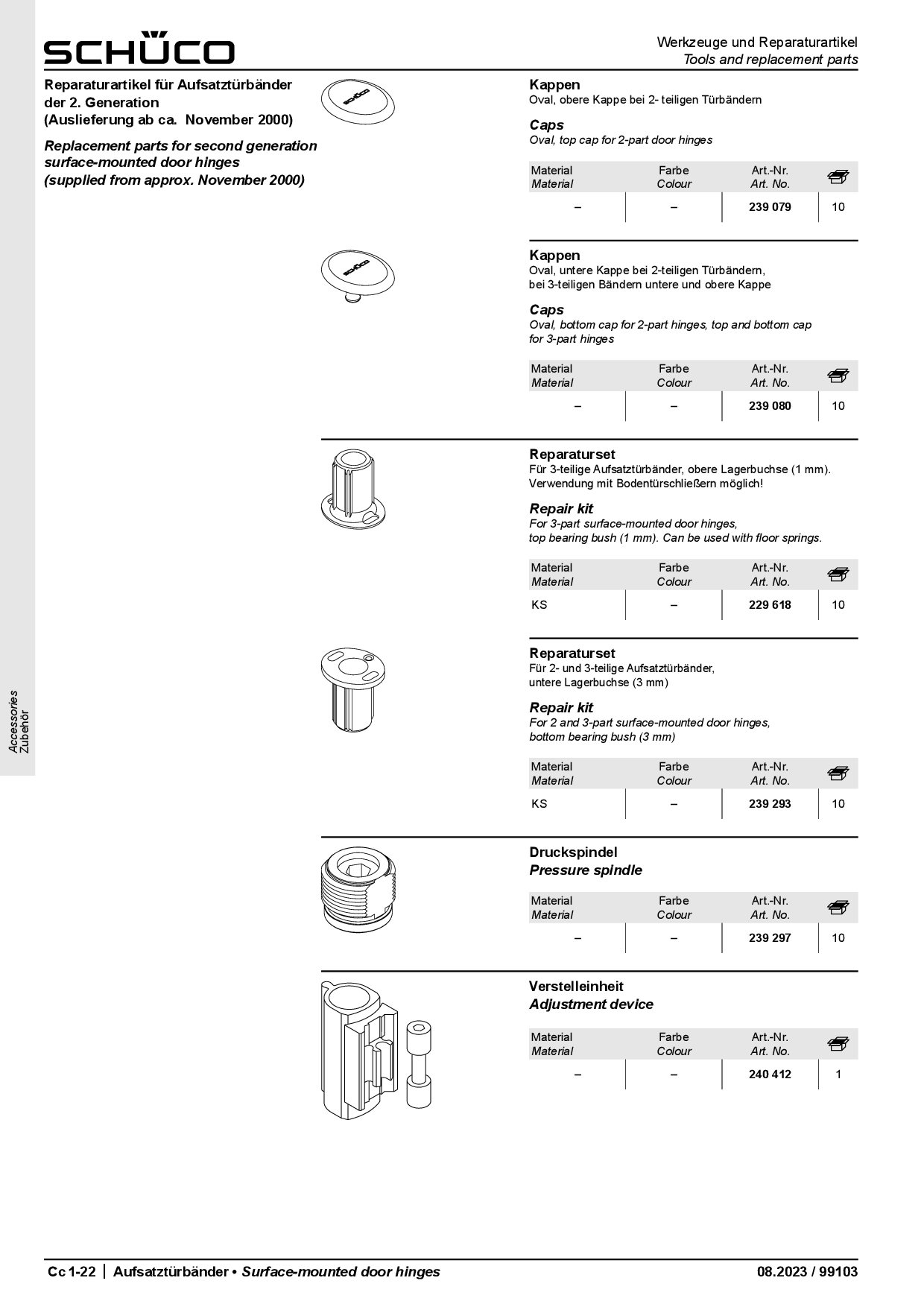 Schüco Reparaturartikel für 3-teilige Aufsatztürbänder 229618, obere Lagerbuchse