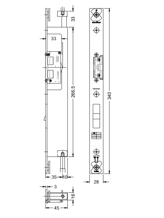 279611-279612 Schüco 279611 Treibriegelschloss mit E-Öffner DIN links für Antipanik-Schlösser (mit Riegel)