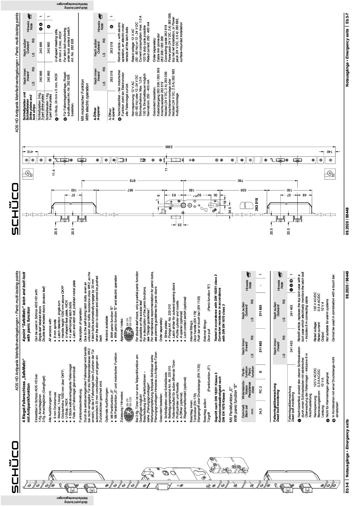 Schüco 211853 Antipanik 4 Riegel-Fallenschloss "SafeMatic", Funktion E