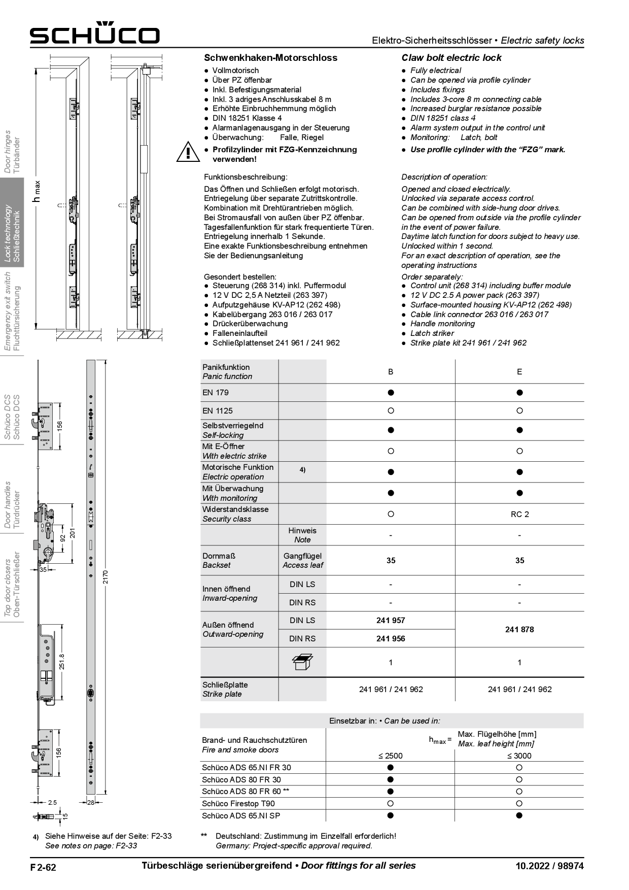 Schüco 241878 Antipanik Schwenkhaken-Motorschloss, Funktion E Schüco 241878 Antipanik Schwenkhaken-Motorschloss, Funktion E