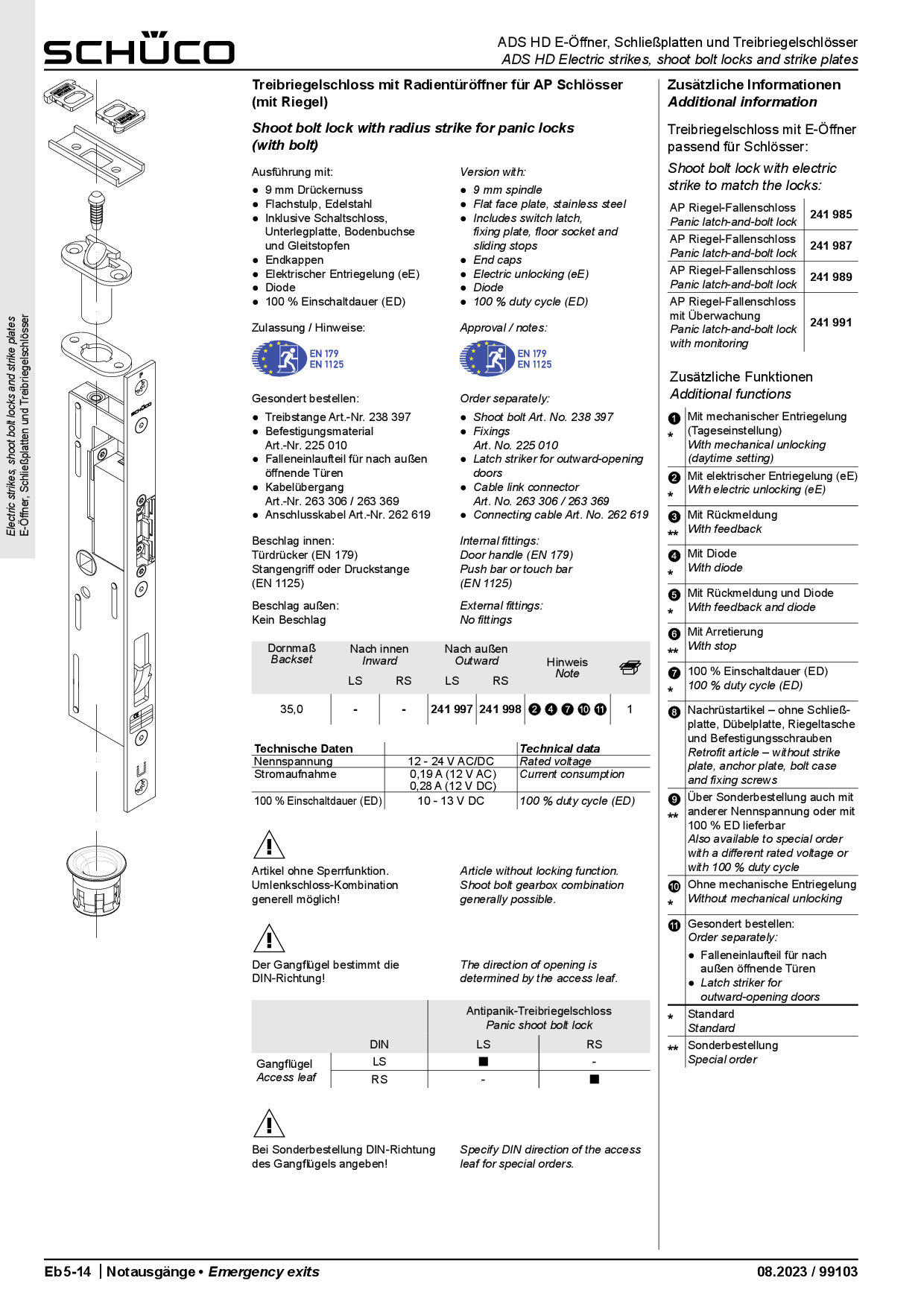 Schüco Treibriegelschloss mit Radientüröffner 241998 DIN RS für Antipanik-Schlösser (mit Riegel)
