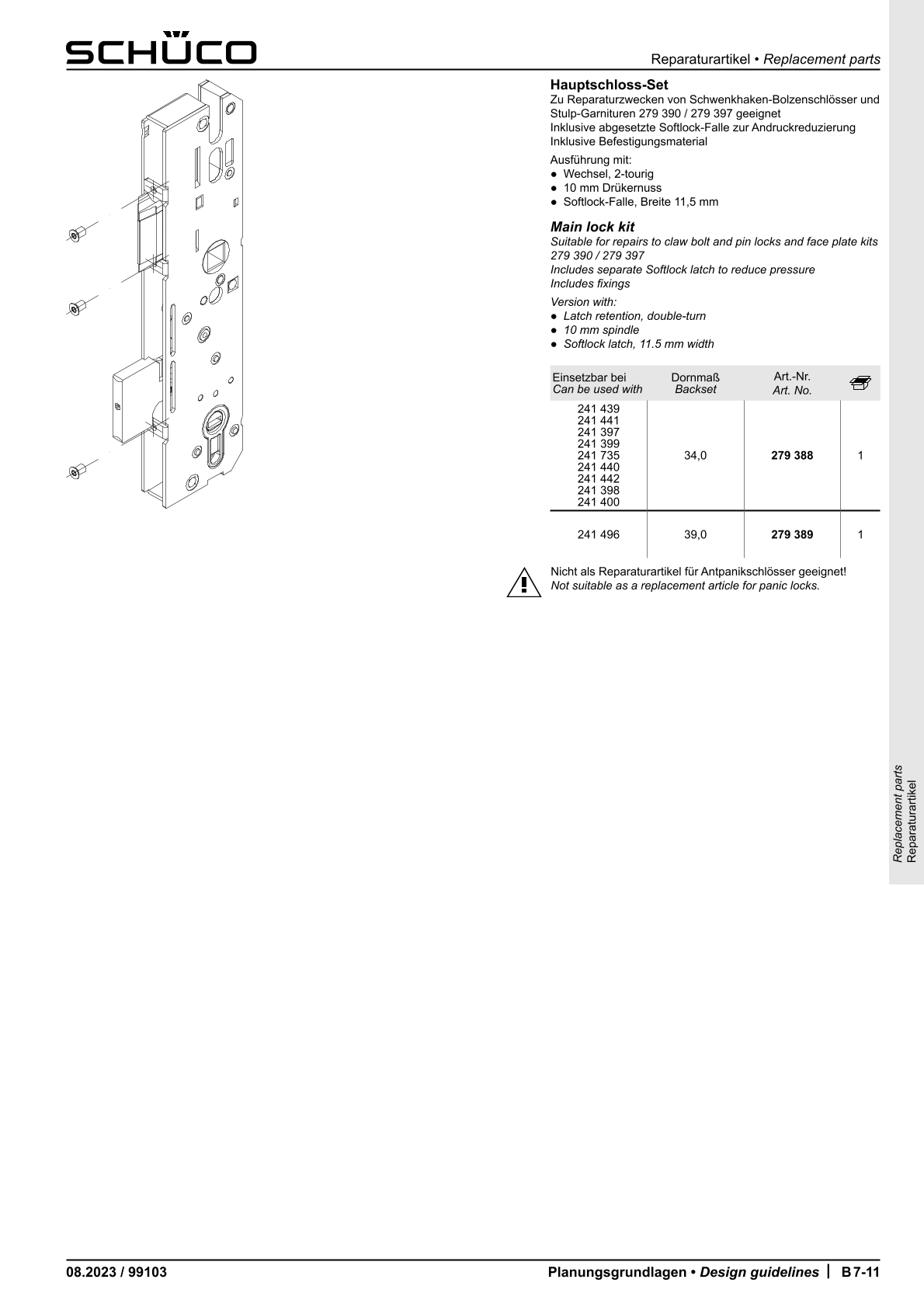 Schüco Reparaturartikel Hauptschloss-Set 279389