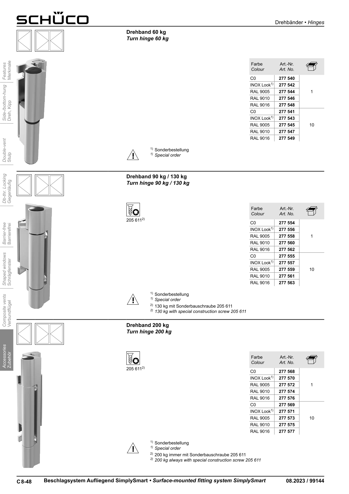 Schüco 277554 / 277555 Drehband 90 kg / 130 kg AvanTec SimplySmart, C0 silber Schüco 277554 / 277555 Drehband 90 kg / 130 kg AvanTec SimplySmart, C0 silber