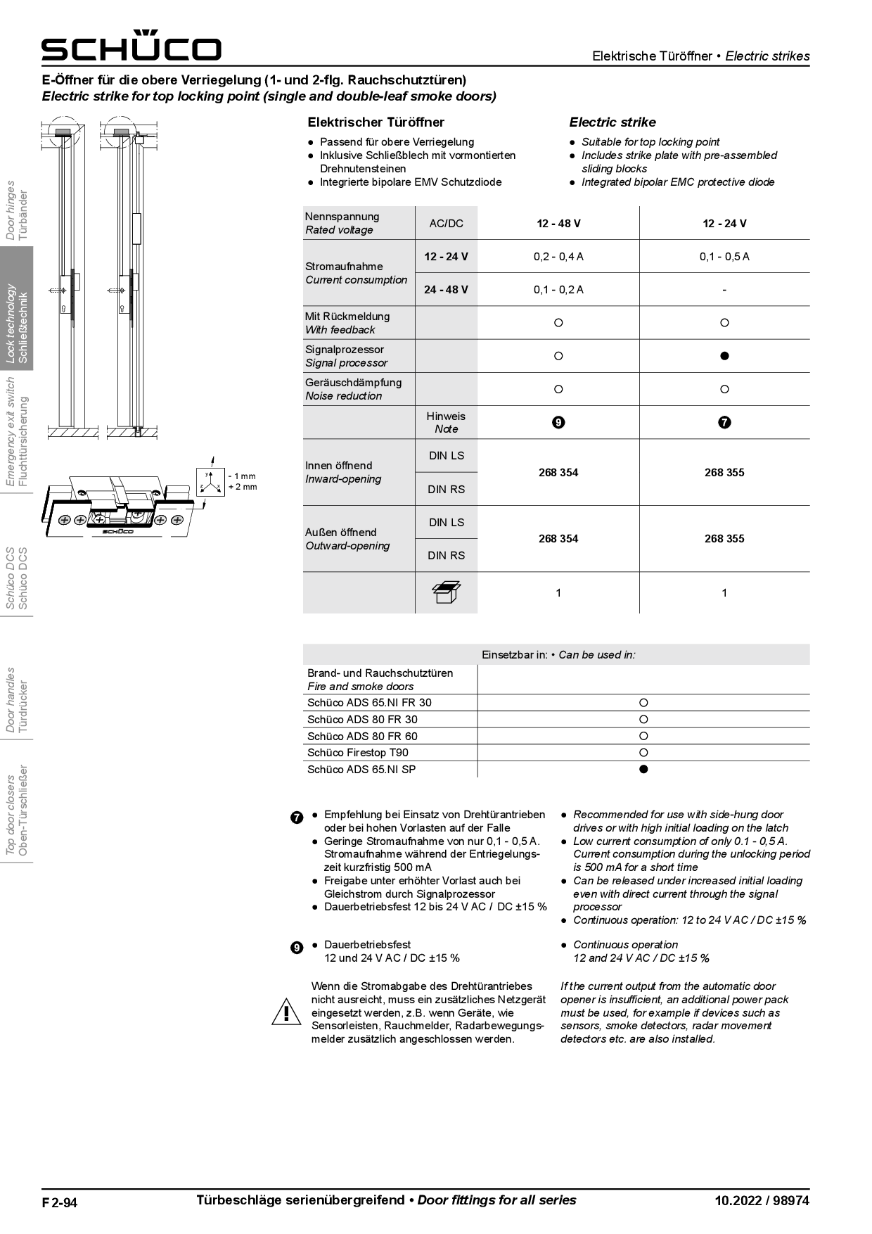 Schüco E-Öffner 268355 obere Verriegelung für Rauchschutztüren 12 - 24 V