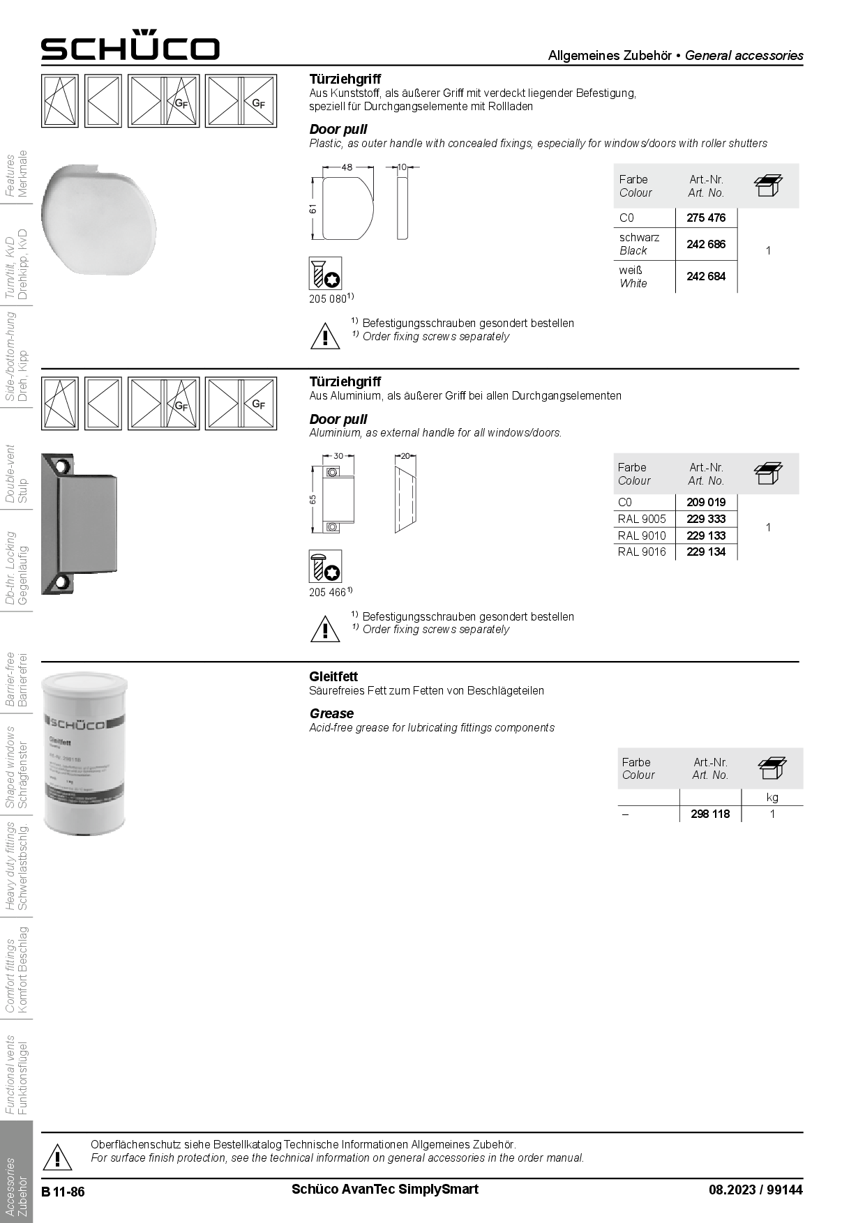 Schüco Fenstertürziehgriff / Balkontürziehgriff RAL 9016 weiß 242684