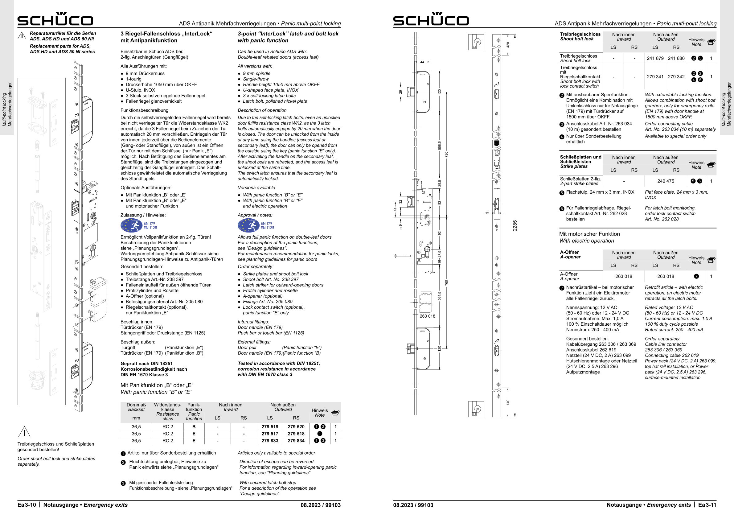 Schüco Reparaturartikel 3 Riegel-Fallenschloss "InterLock" Antipanikfunktion B, DIN links 279519